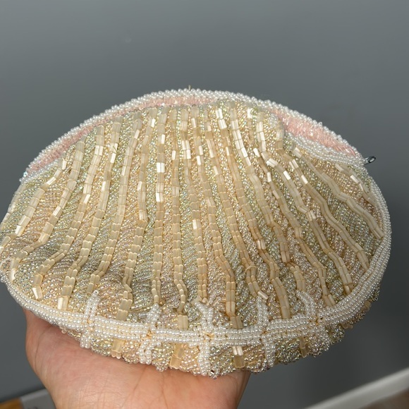 Vintage no brand beaded ivory pink zipper closure small/ mini bag 7.5 x 6” - Picture 12 of 14